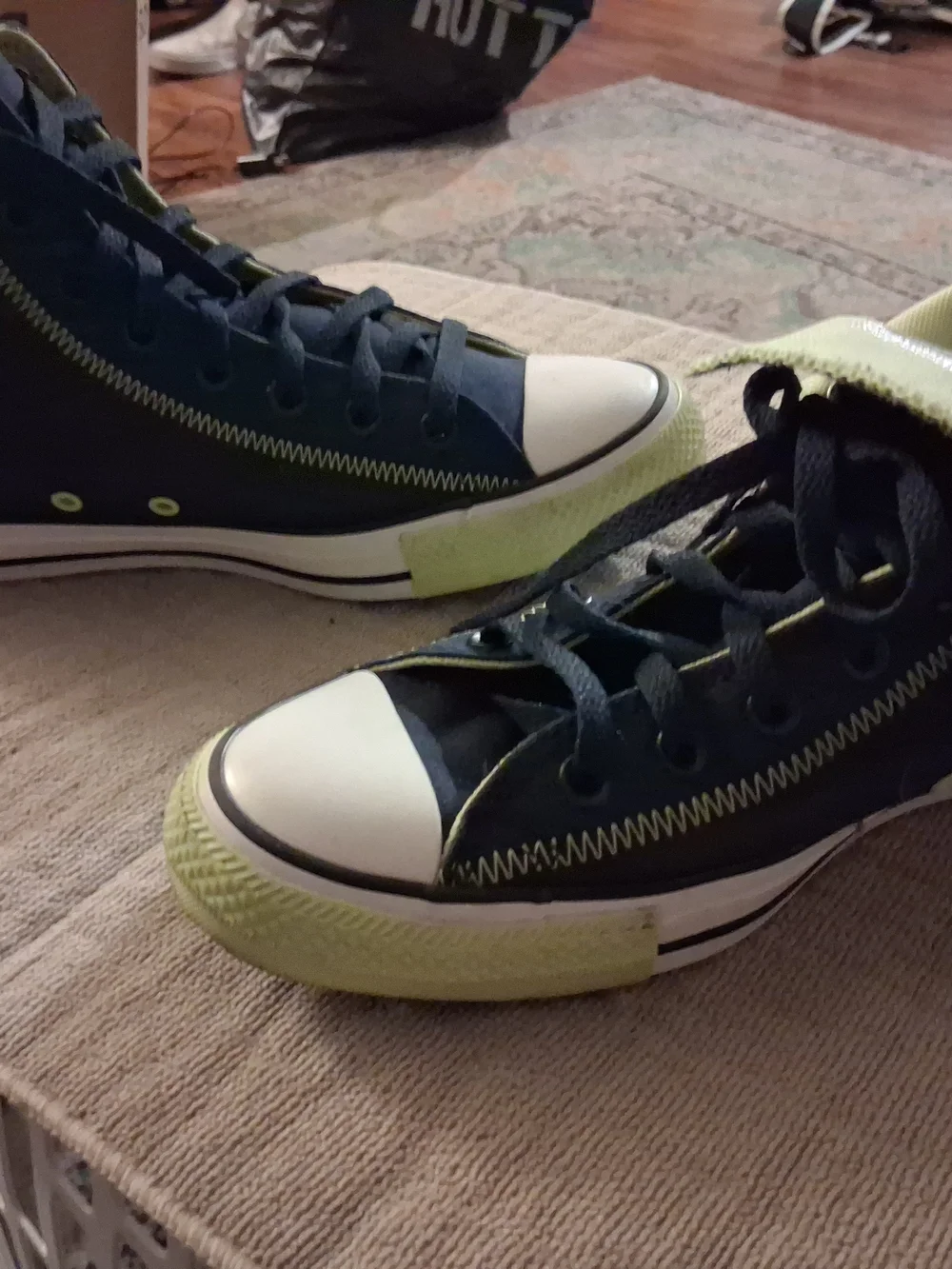Converse Chuck Taylor High Top Sneaker in Navy with Lime Accents - Picture 2 of 4